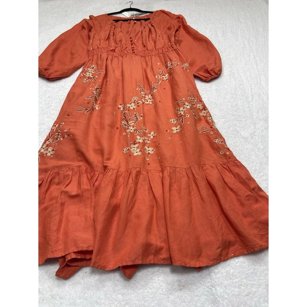 Anthropologie Coral Red Embroidered Maxi Dress - Picture 4 of 14